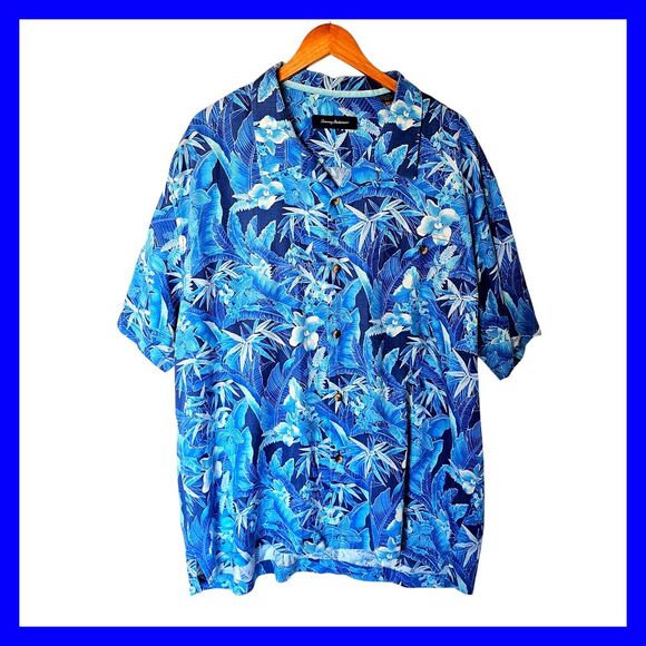 Tommy Bahama Blue Tropical Hawaiian Floral Print Shirt 3XL Plus Size Silk Blend‎ - Picture 1 of 16
